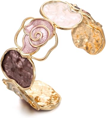 Gold Rose Enamel Floral Open Cuff Bracelet