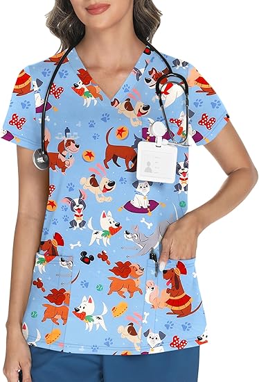 Scrubs for Women V Neck Print Scrub Tops