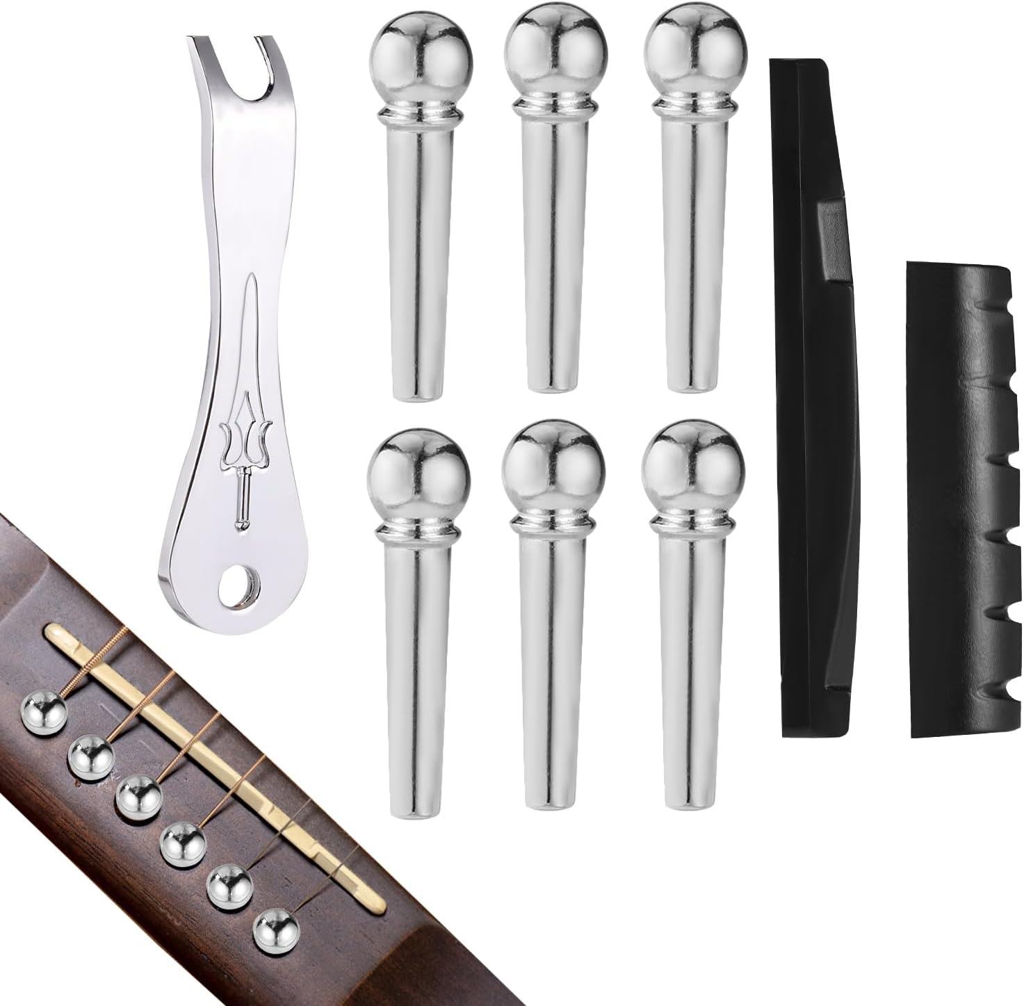 Metal Acoustic Guitar Bridge Pins Set with Puller, Nut, Saddle