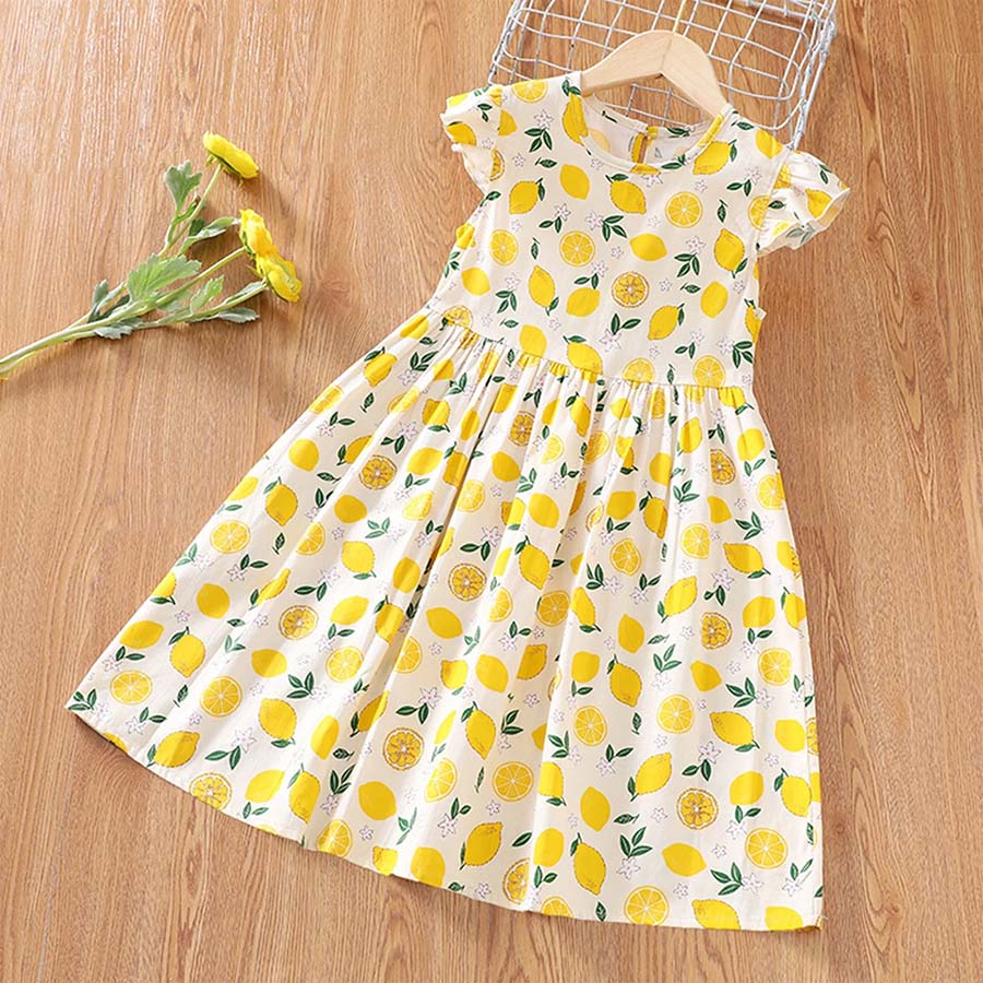 Girls’ Lemon Print Flutter-Sleeve Cotton Summer Dress