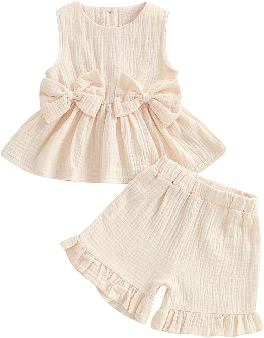 Toddler Girl Summer Linen Vest Top and Ruffled Shorts Set
