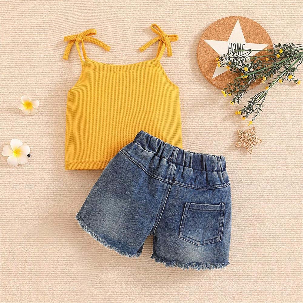 Girls’ Yellow Ribbed Tank Top & Denim Shorts Summer Outfit