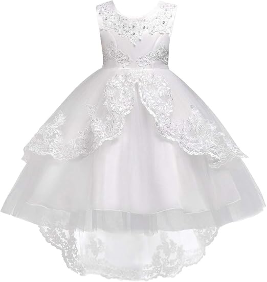 Flower Girls Vintage Lace Beaded Tulle Hi-Low Dress with Train