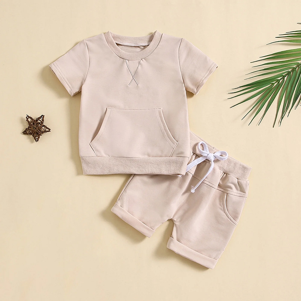 Baby Boys’ Beige Short-Sleeve Hoodie Top & Drawstring Shorts Set