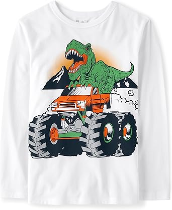 Boys Long Sleeve Graphic Cotton T-Shirt Dino Car Print