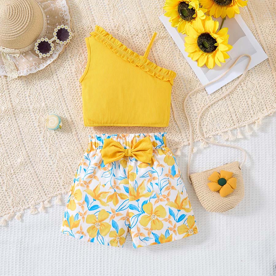 Girls’ Yellow One-Shoulder Ruffle Top & Floral Bow Shorts Set