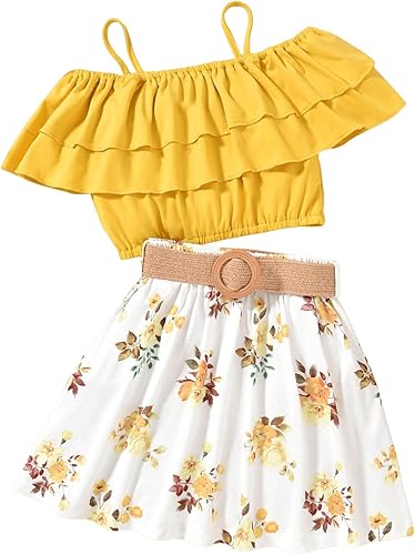 Girl's 2 Piece Cold Shoulder Ruffle Top and Floral Skirt Set