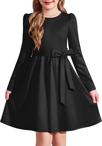 Girls Puff Long Sleeve Belted Party Dress with Pockets