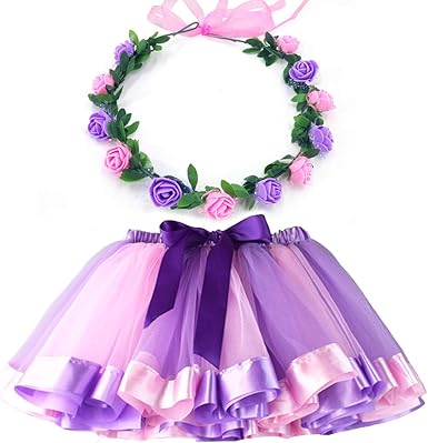 Layered Tulle Ballet Rainbow Tutu Skirt with Flower Crown Wreath Headband
