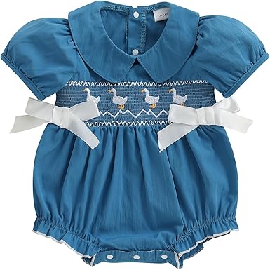 Newborn Baby Girl Farm Outfit, Goose Embroidery Short Sleeve Onesie