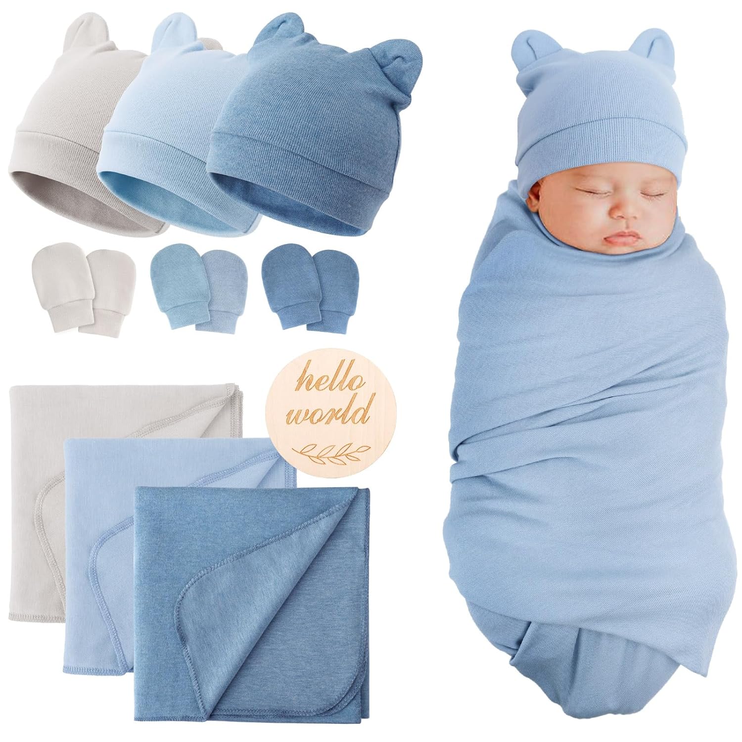 Baby Swaddle Blanket Set with Hats and Mittens Newborn 3 Pack