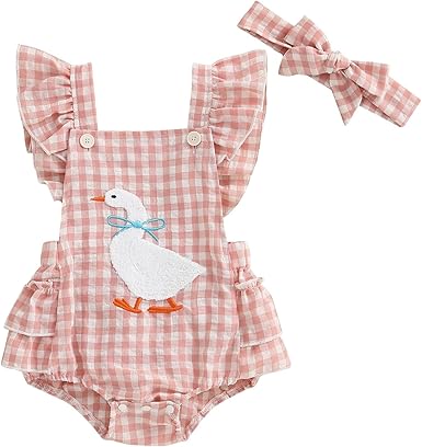Newborn Baby Girl Farm Outfit, Goose Embroidery Short Sleeve Onesie