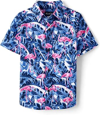 Boys Short Sleeve Button Down Shirt Tropical Print Cotton Poplin