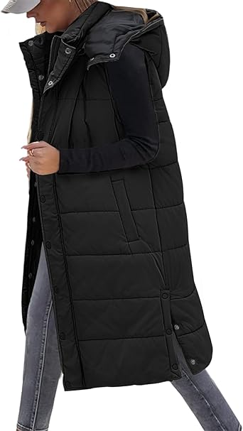 Long Quilted Sleeveless Puffer Vest with Removable Hood