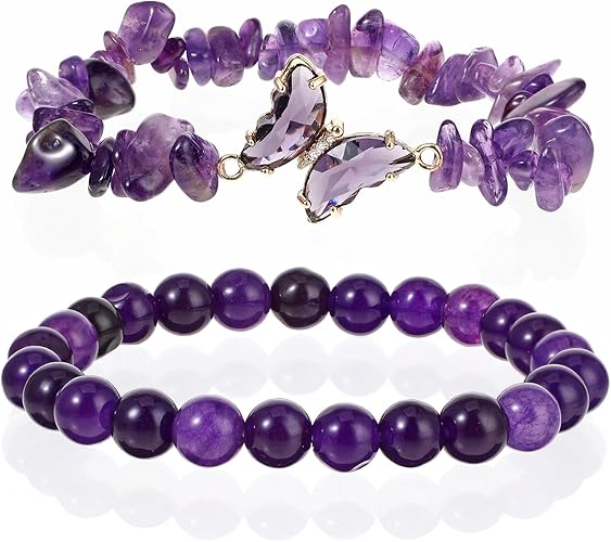 Amethyst Beaded Stretch Bracelet Set with Butterfly Charm