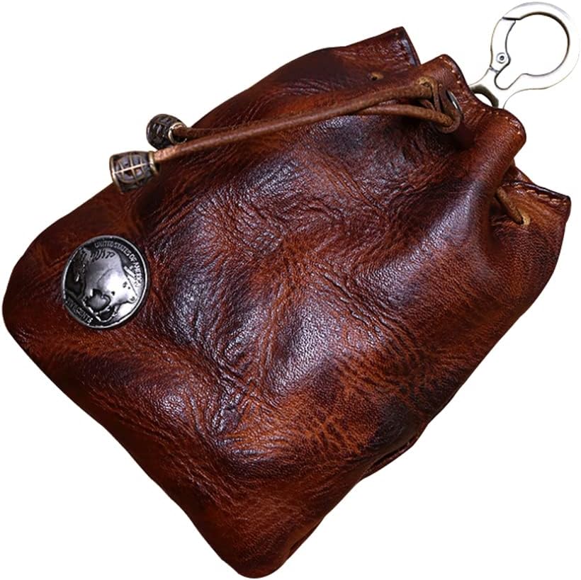 Leather Drawstring Coin Pouch Keychain