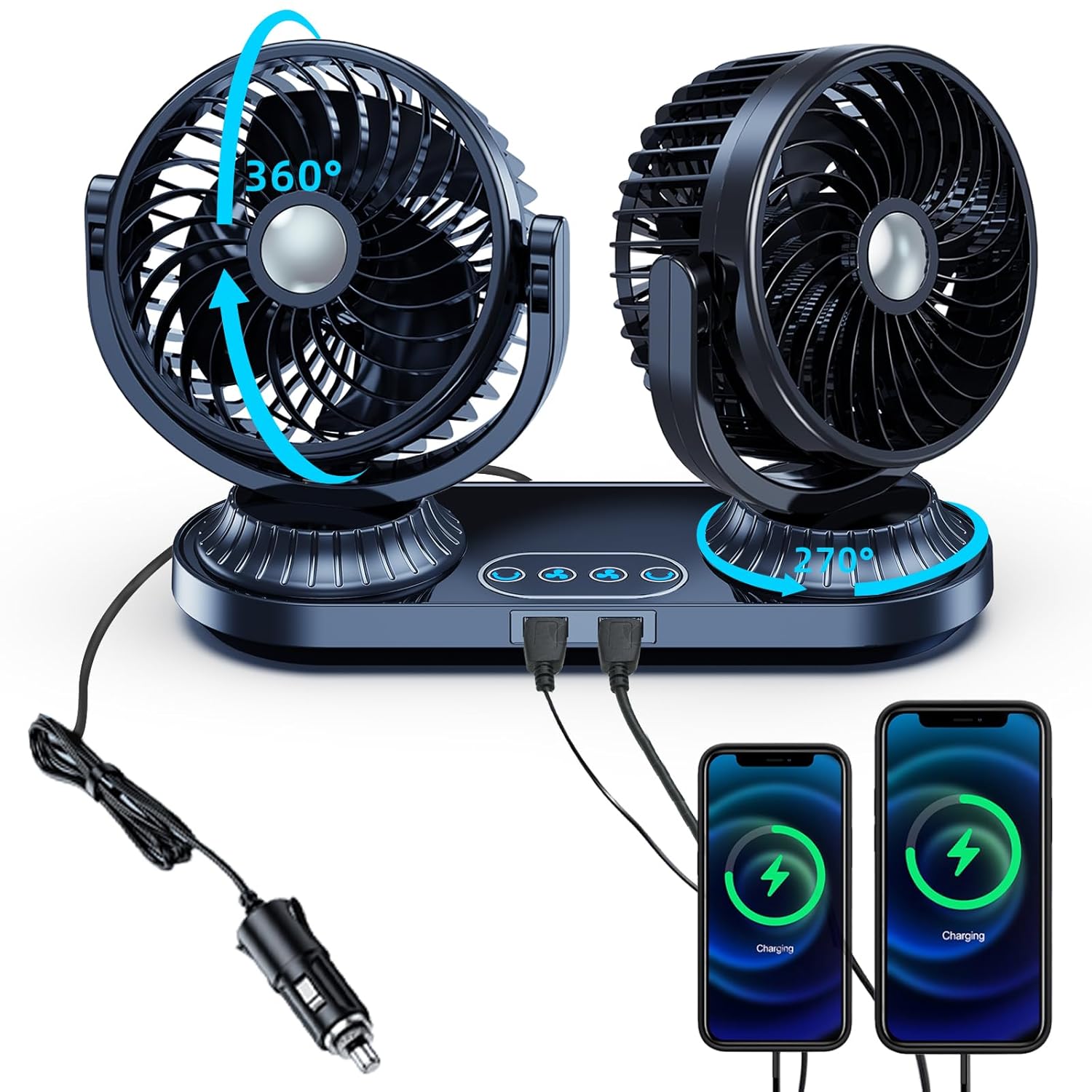 Dual Head Vehicle Cooling Fan with USB Charging Ports