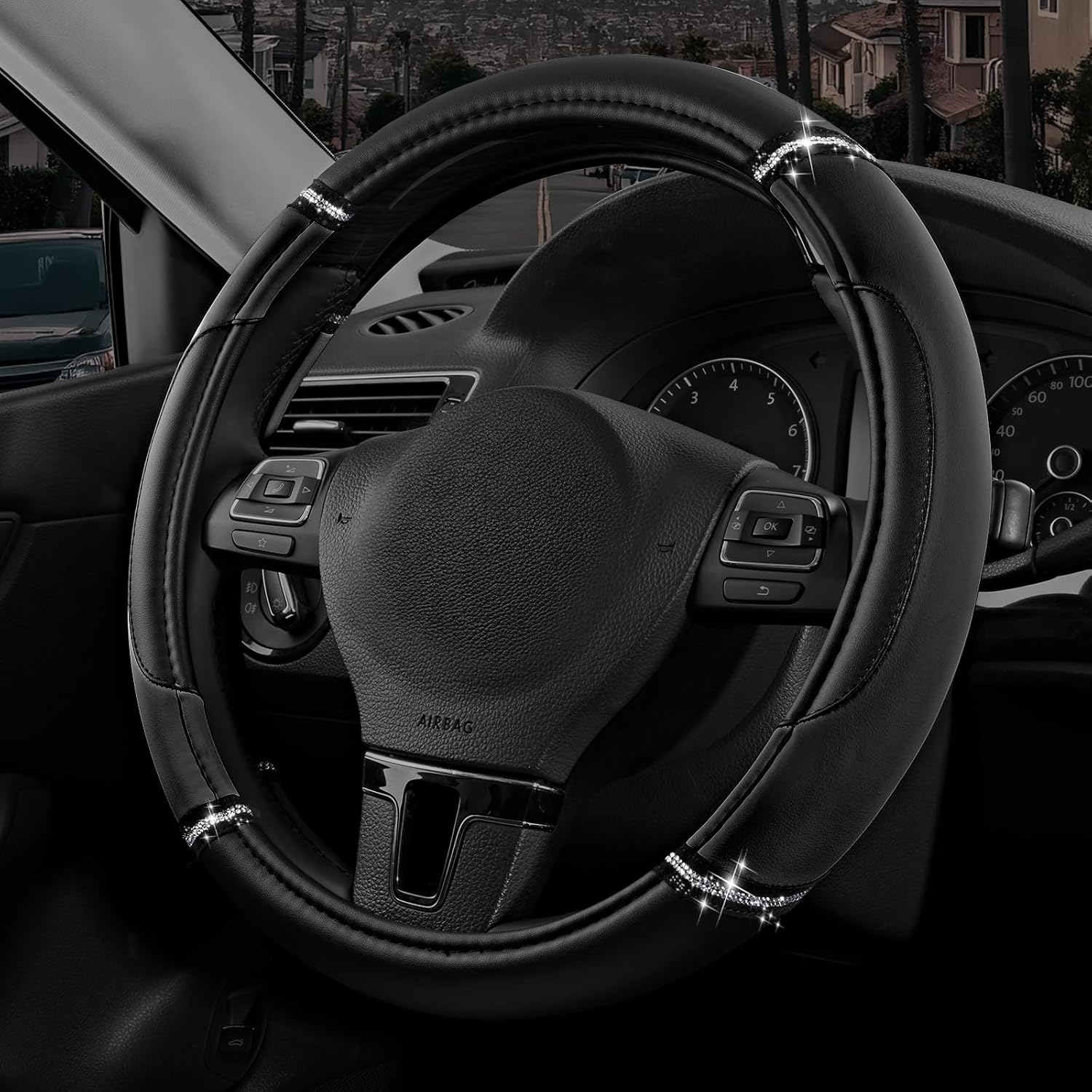 Leather Steering Wheel Cover 14.5–15 inch Black