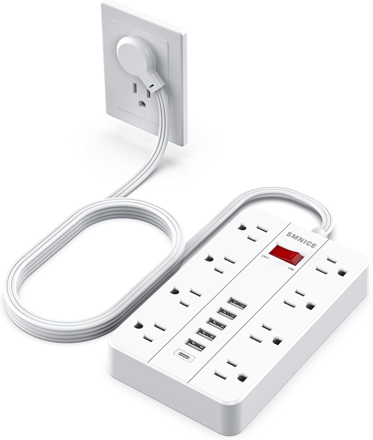 Power Strip with 8 Outlets and 6 USB Ports with Flat Plug