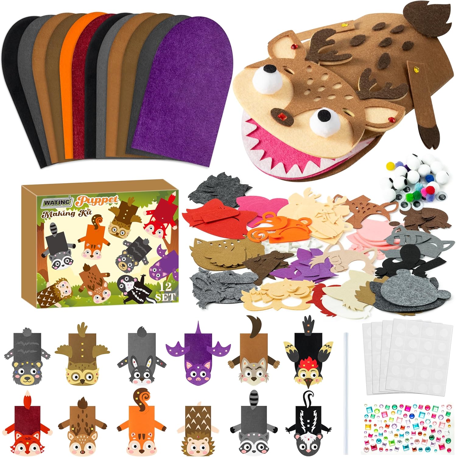 Hand Puppet Making Kit, DIY Woodland Animal Crafts, 12 Pieces