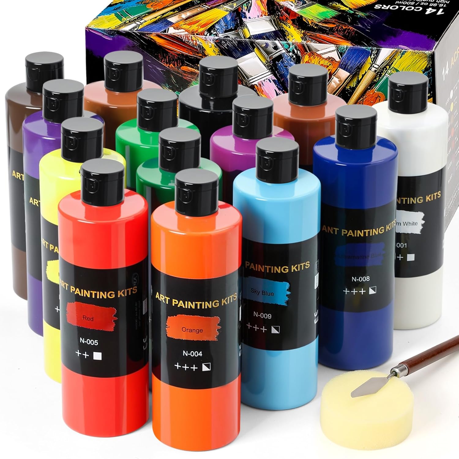 14 Colors Acrylic Paint Set (500 ml/16.9 oz Large Bottles), Non-Toxic for Kids & Adults