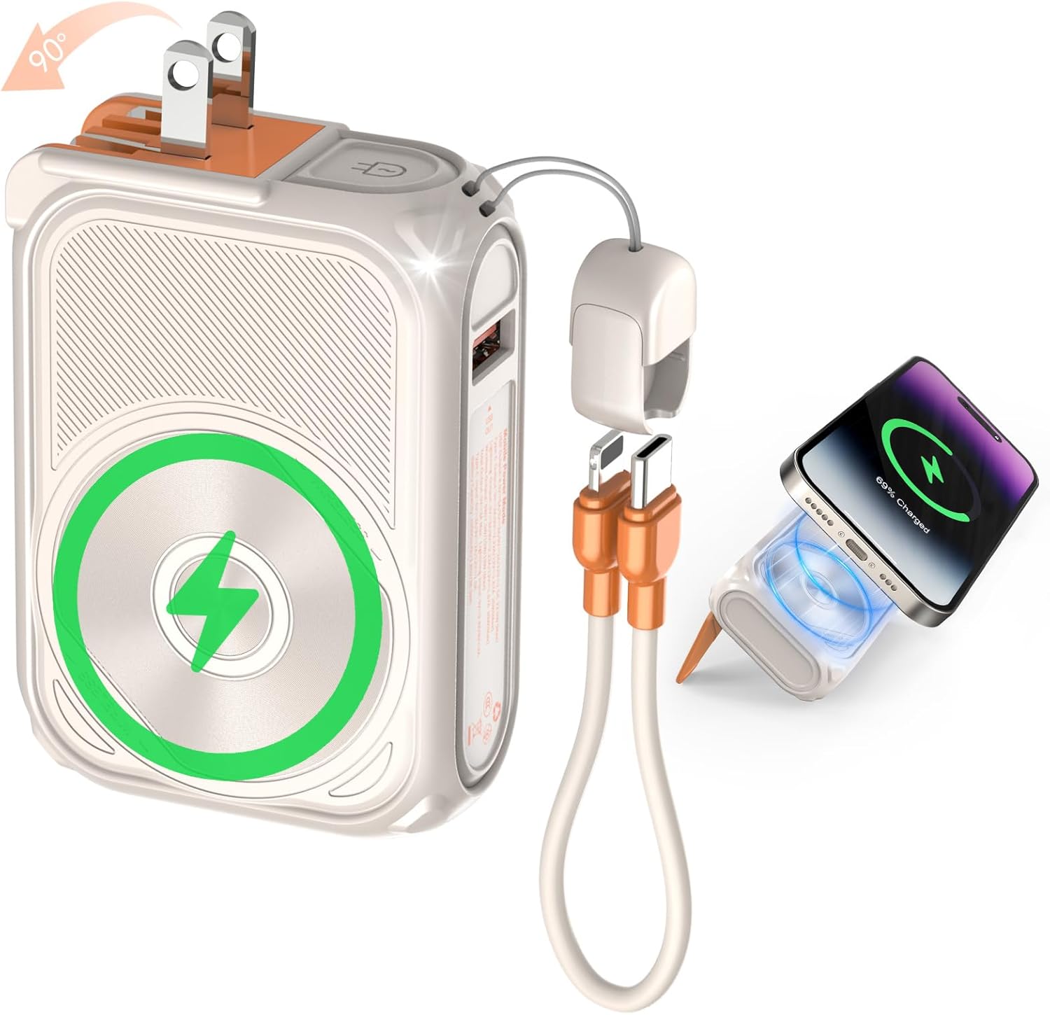 10,000mAh Multi-Function Portable Wireless Power Bank with Built-in Cables