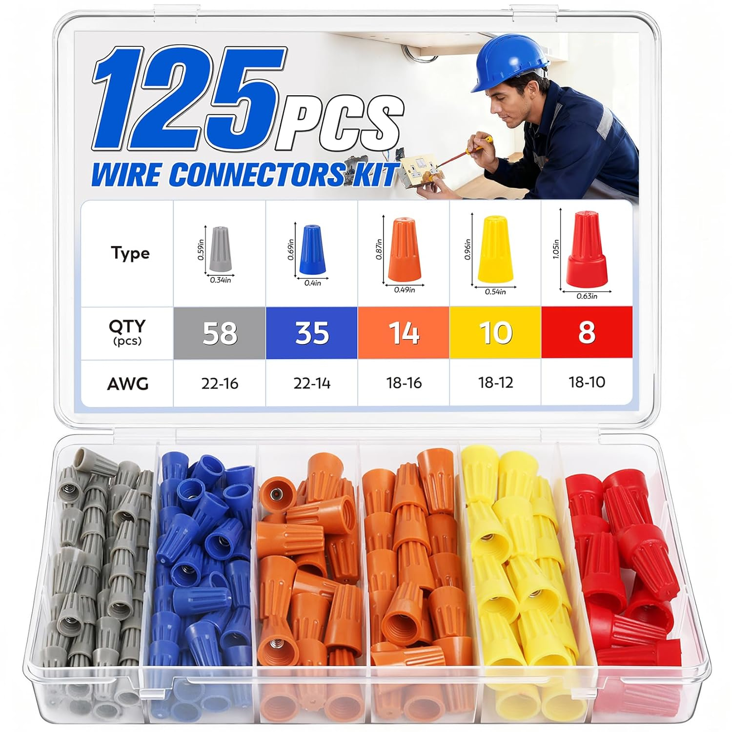 Assorted Electrical Twist-On Wire Connector Nut Kit 125 Pieces