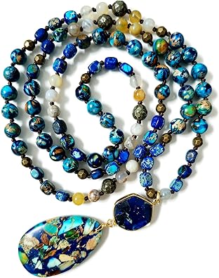 Boho Natural Stone Beaded Pendant Necklace, 35 Inch