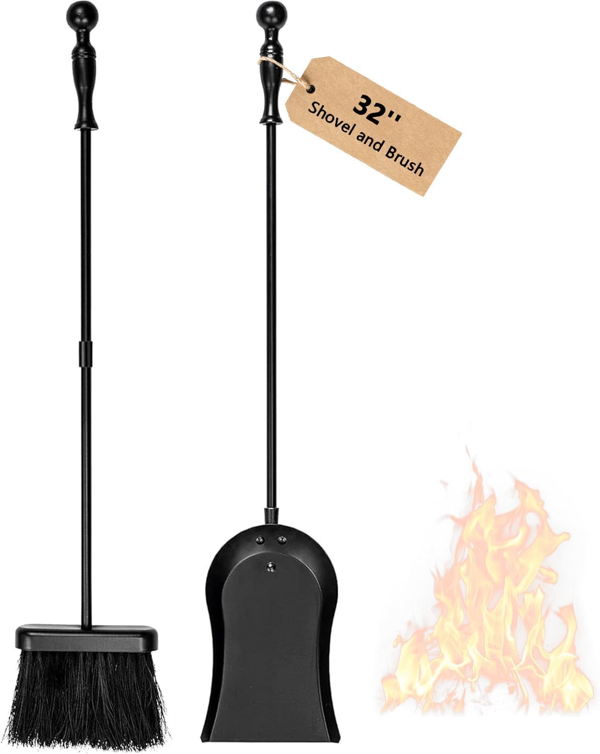 Metal Fireplace Ash Shovel and Brush Set 32 Inches