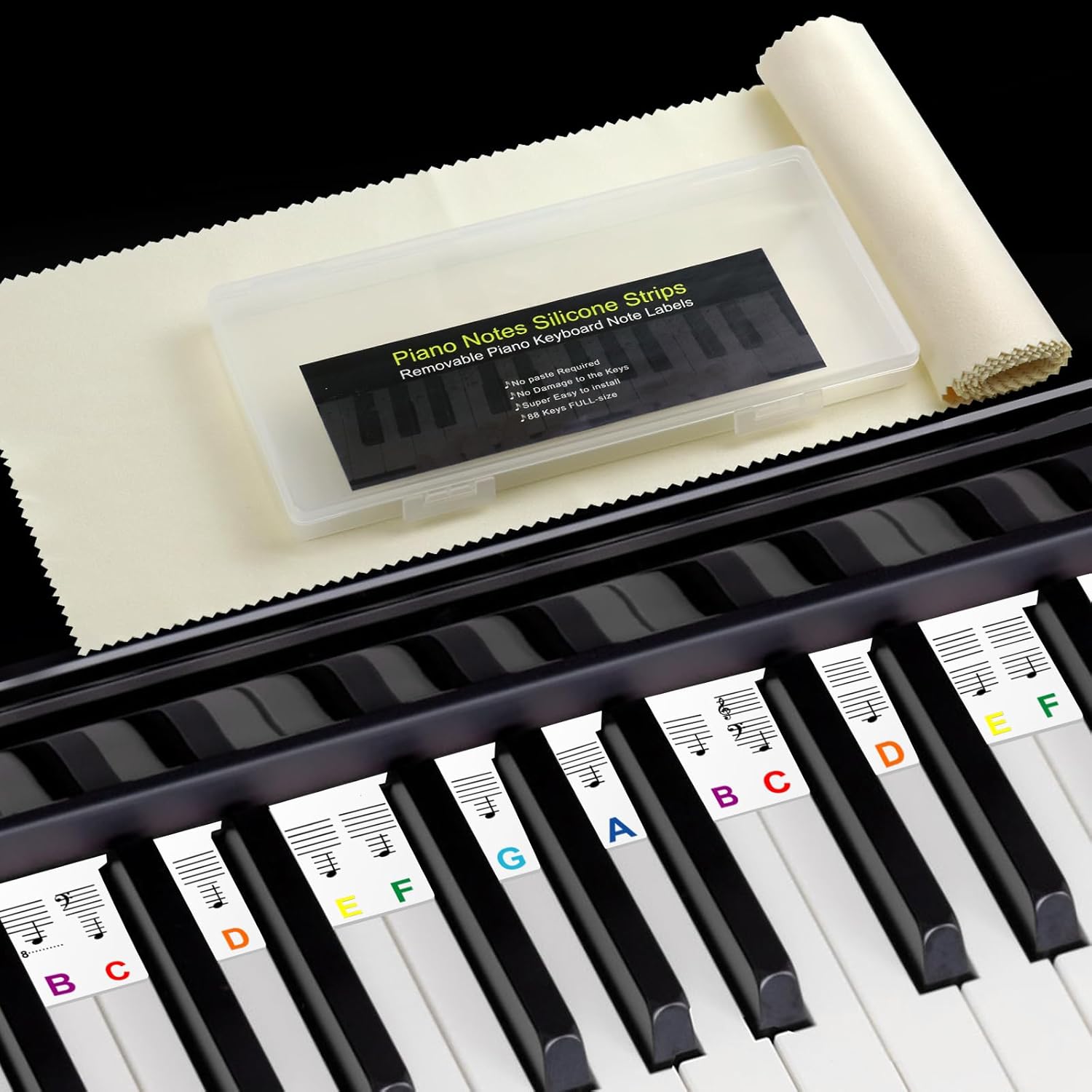 Reusable piano note guide strip with keyboard cover