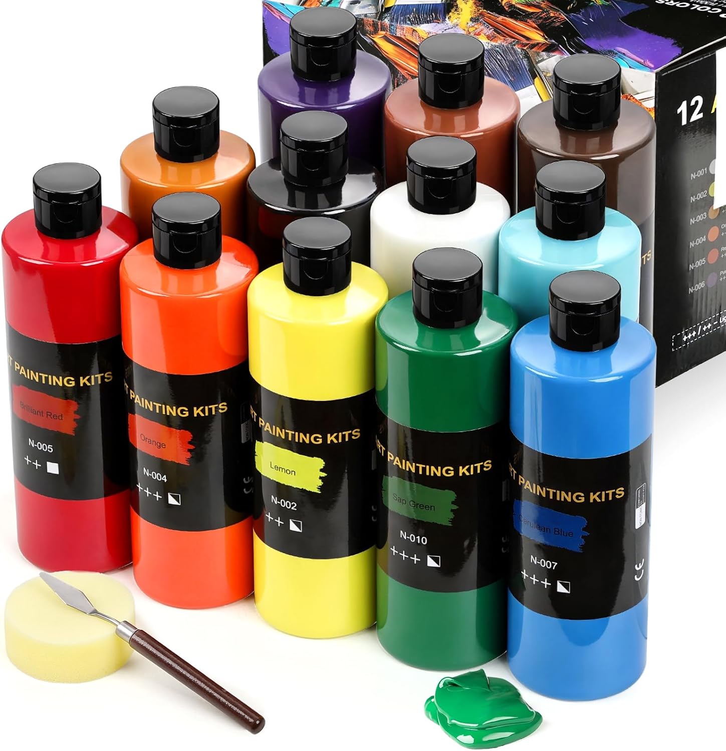 12 Colors Acrylic Paint Set, 500ml Bottles with Palette Knife and Sponge