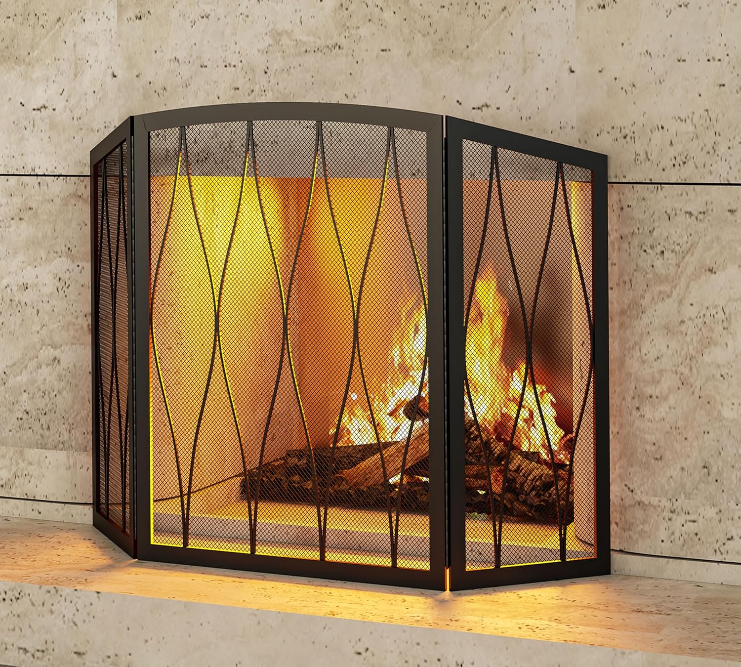 Kingson Childproof Fireplace Screen 3-Panel Modern Handcrafted Wrought Iron Foldable Metal Mesh