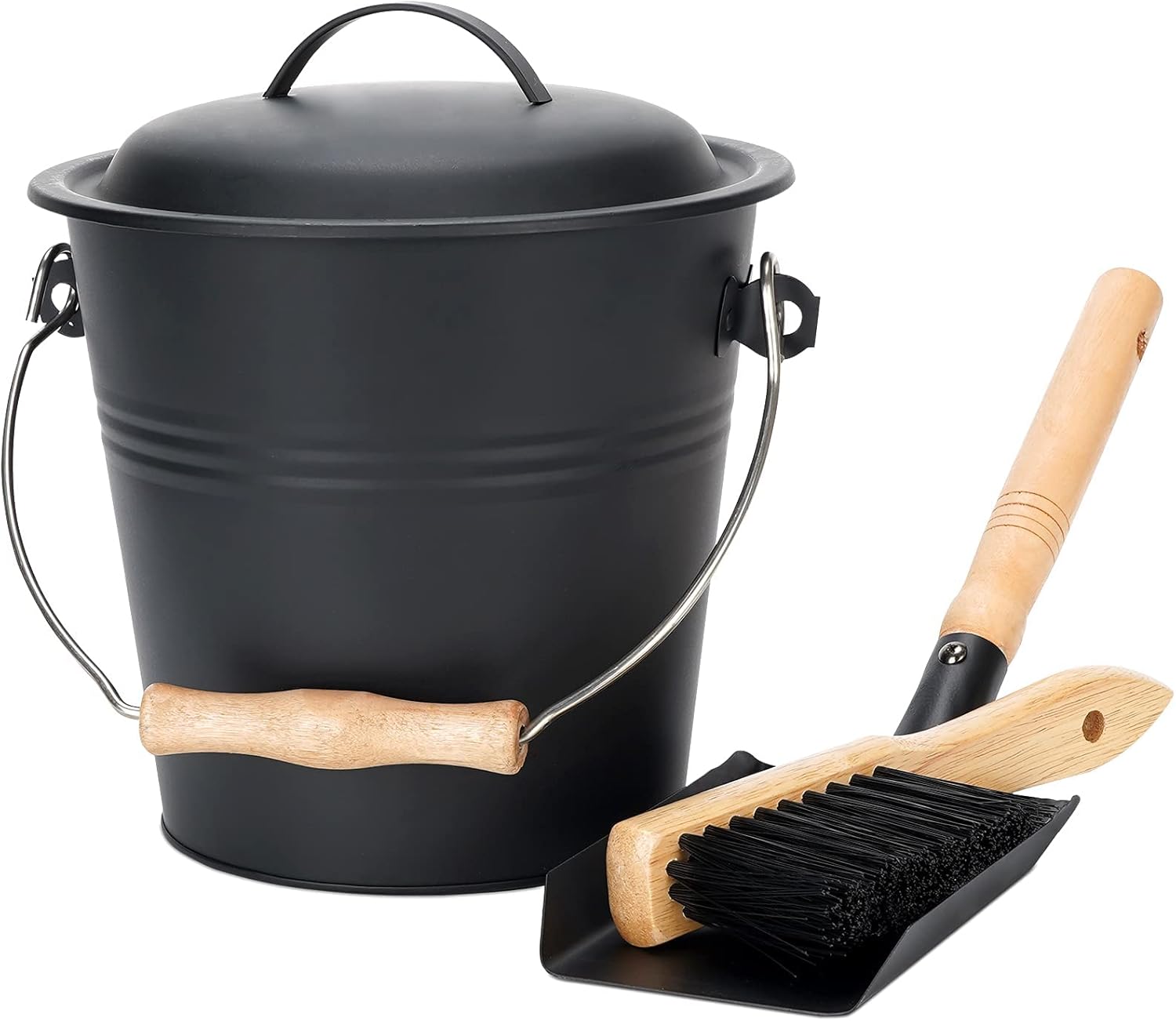 1.5-Gallon Metal Ash Bucket with Lid, Shovel, Broom