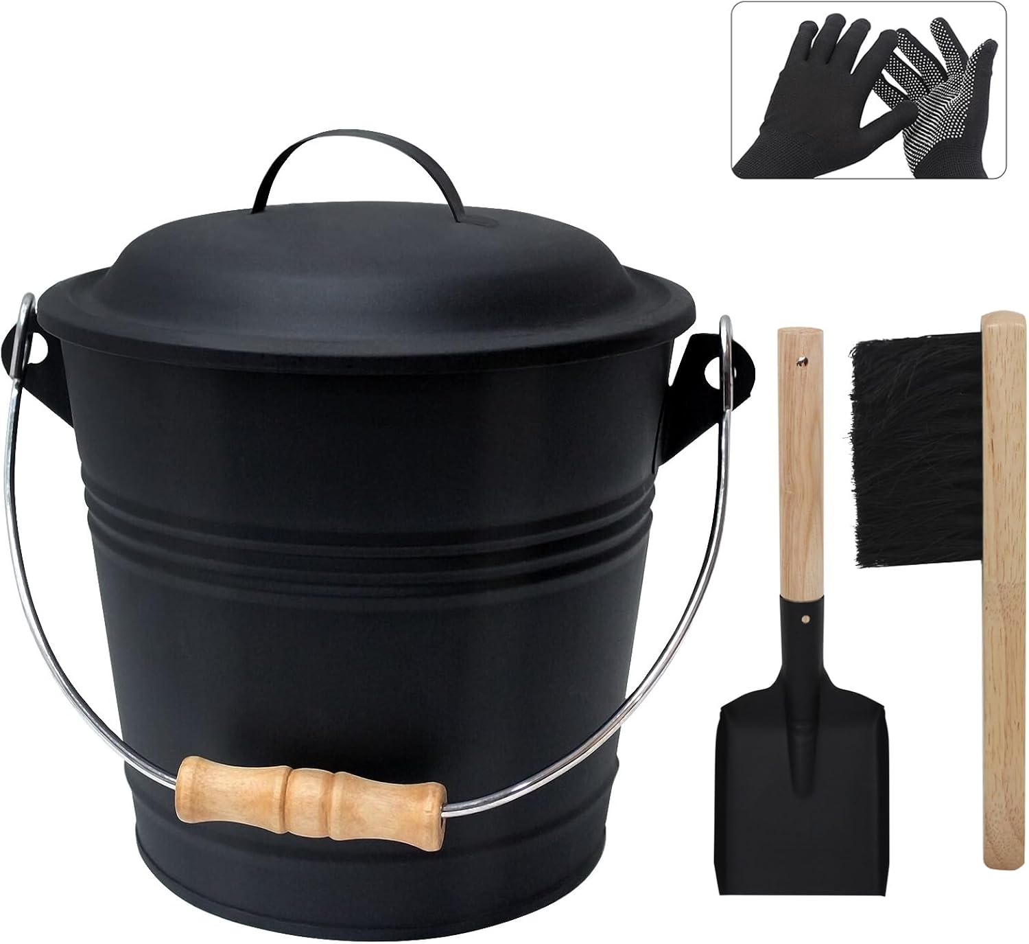 Fireplace Ash Bucket with Broom and Gloves