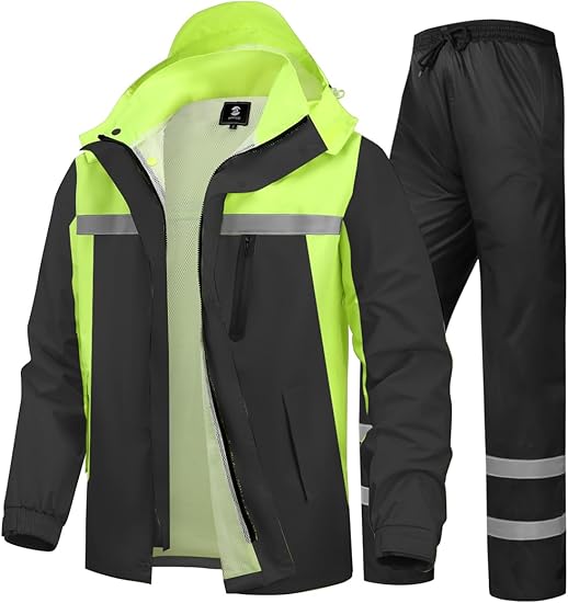 SaphiRose Men's Rain Suit High Visibility Reflective Work Rain Jacket Pants