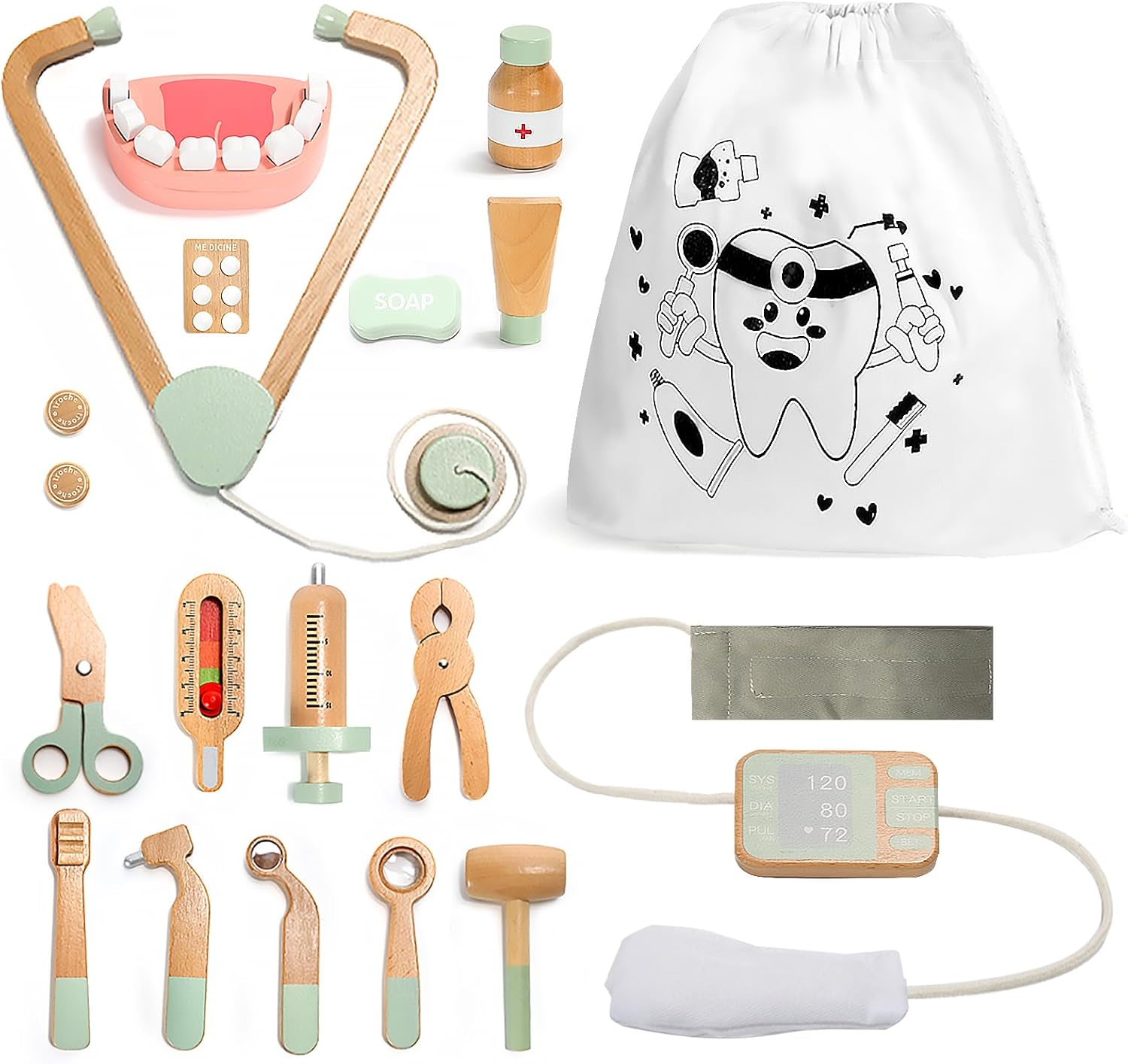 Wooden Kids Doctor Pretend Play Medical Toy Set, 19 Pieces