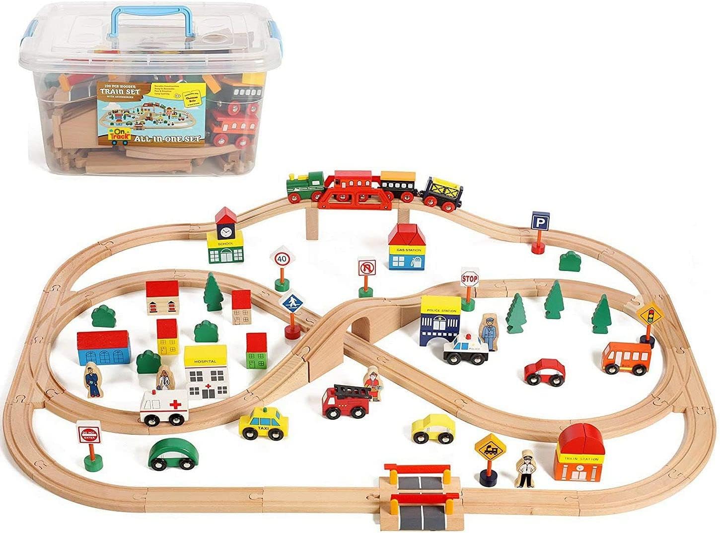 Wooden Train Tracks Set with Magnetic Trains and Accessories 35 Piece