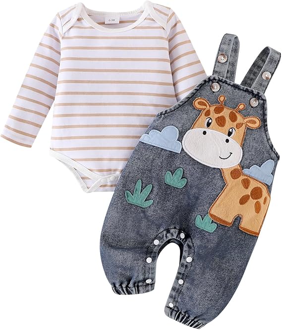 Baby Boy Clothes Newborn Long Sleeve Romper Cartoon Animal Jeans Suspender