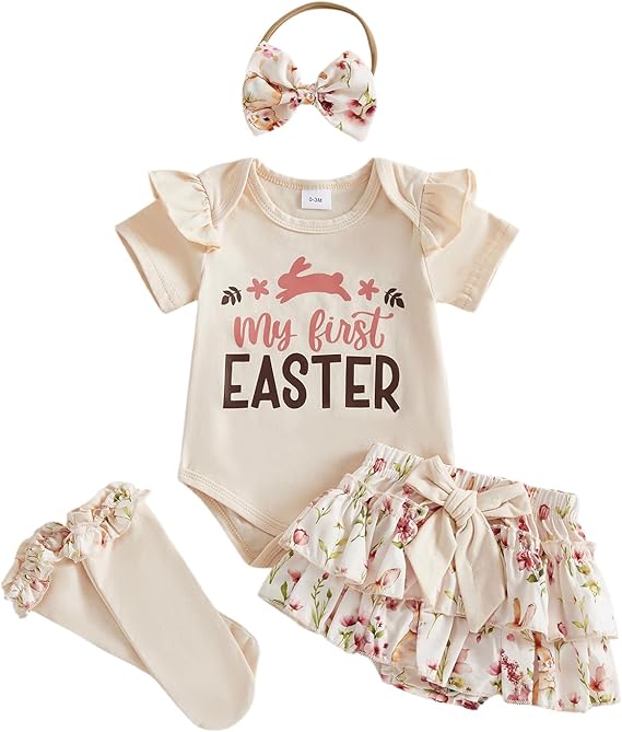 Newborn Baby Girl Easter Outfit Romper Skirt Socks Headband Set