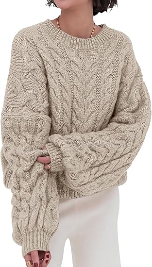 Womens Cable Knit Long Sleeve Crewneck Oversized Sweater