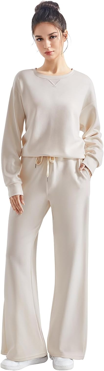 Women Modal Fall 2 Piece Outfits Oversized Sweatshirt Wide Leg Pants