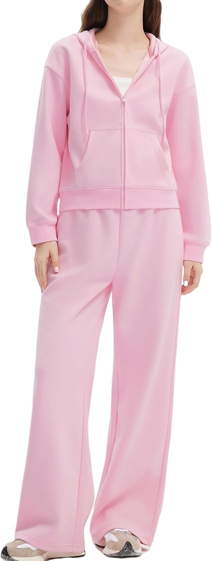 Womens 2 Piece Sweatsuits Zip Up Hoodie Tracksuit Straight Wide Leg Sweatpant Lounge Matching Sets
