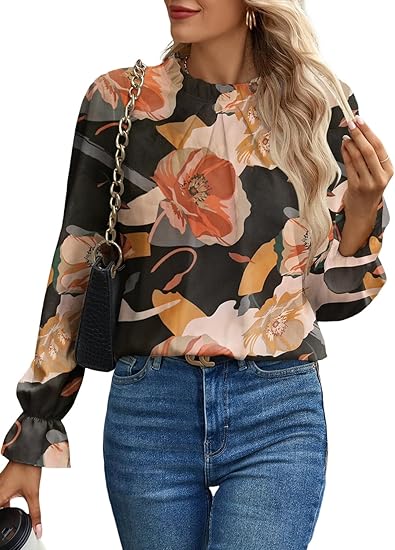 Spriolim Women's Swiss Dot Shirt Ruffle Long Sleeve Pleated Crewneck Blouse Casual Loose Top