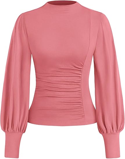 KIRUNDO Blouses for Women Dressy Casual Puff Long Sleeve Shirts Fitted Mock Neck Ruched Trendy Tops