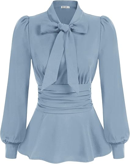 GRACE KARIN Women's Long Sleeve Peplum Dressy Shirt Office Bow Tie Work Blouse Smocked Waist