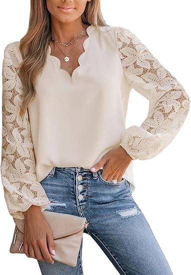 CUPSHE Women Lace Elegant Blouse Long Sleeve Eyelet V Neck Dressy Party Floral Top Scalloped V Neck