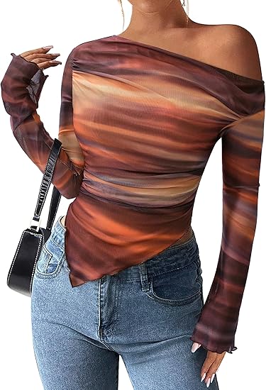 PRETTYGARDEN Womens Fall Trendy Off Shoulder Tie Dye Mesh Long Sleeve Asymmetrical Ruched Floral Blouse
