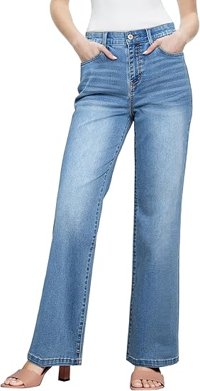 Sidefeel Women's Straight Leg Jeans High Waisted Stretchy Elastic Waist Wide Leg Denim Pants