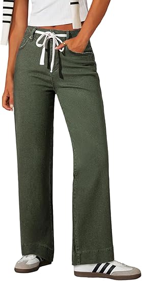 Sidefeel Women's Wide Leg Jeans High Waisted Stretchy Straight Leg Drawstring Denim Pants