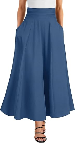 Women's Elastic High Waist Tie Knot Back A-Line Flared Long Skirt with Pockets